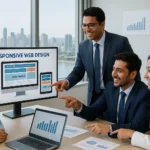 Professional team in Mumbai reviewing responsive web design layouts on multiple devices, highlighting website optimization and mobile-friendly user experience.