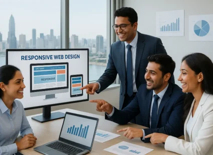 Professional team in Mumbai reviewing responsive web design layouts on multiple devices, highlighting website optimization and mobile-friendly user experience.
