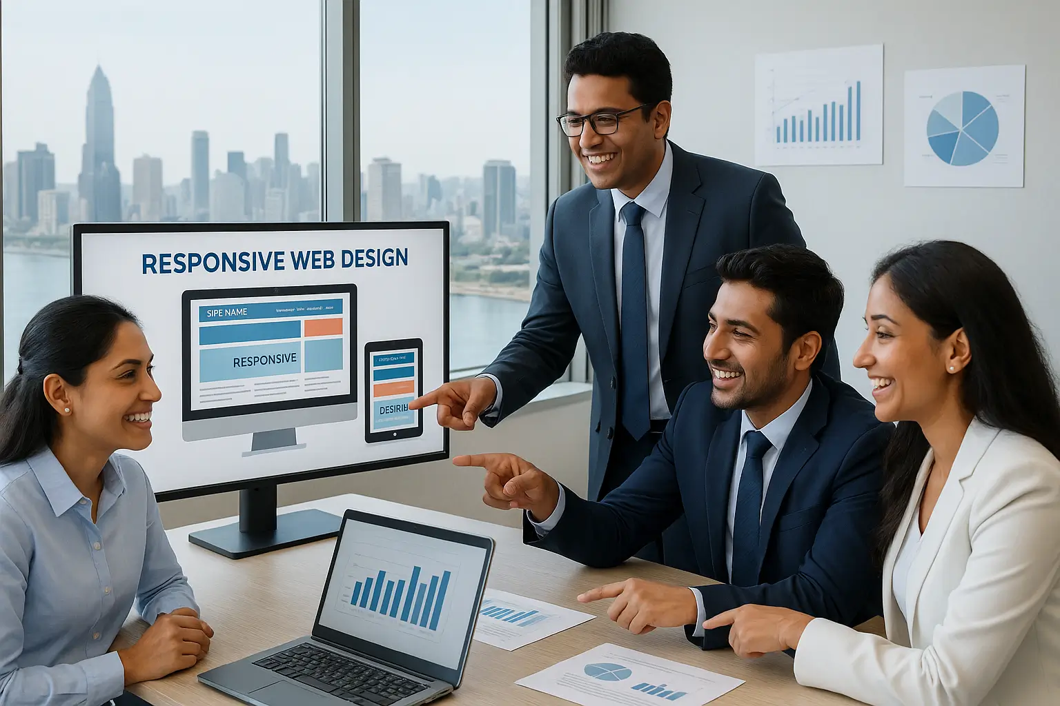 Professional team in Mumbai reviewing responsive web design layouts on multiple devices, highlighting website optimization and mobile-friendly user experience.