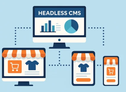 Illustration of headless CMS for ecommerce powering multiple devices