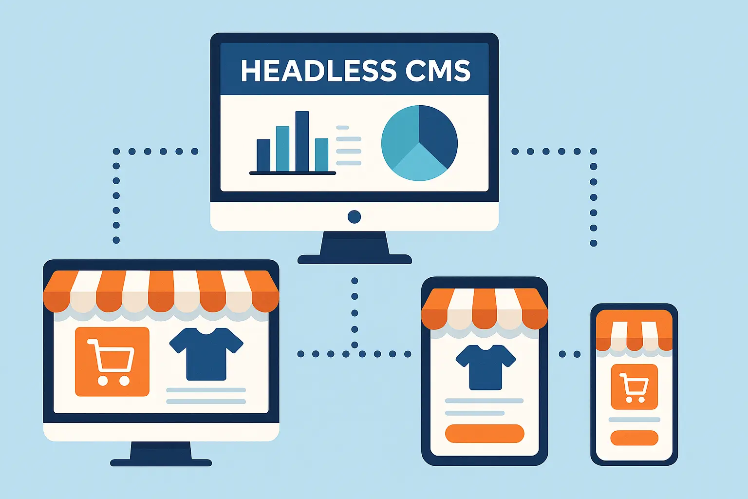Illustration of headless CMS for ecommerce powering multiple devices