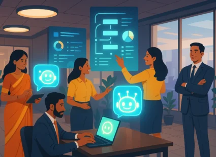 AI process automation for Indian businesses – modern office workflow with AI bots