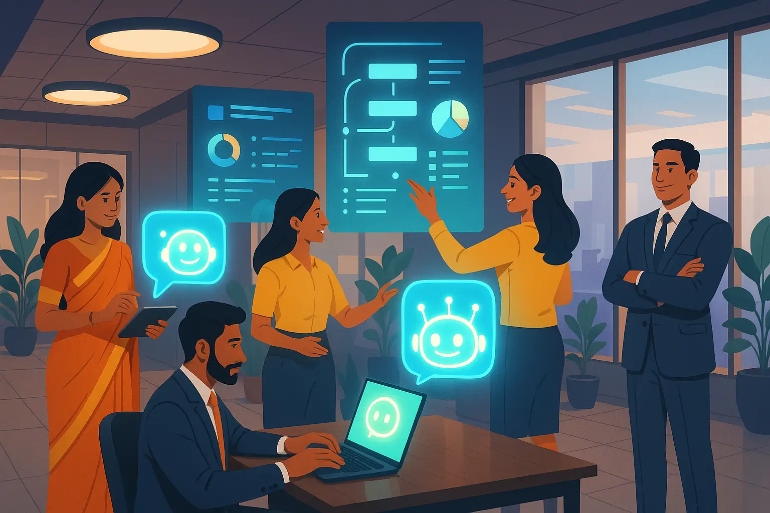 AI process automation for Indian businesses – modern office workflow with AI bots