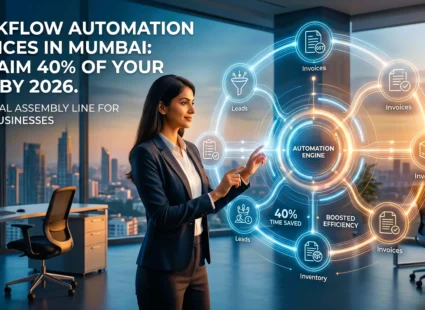 A professional Indian businesswoman interacting with a futuristic digital workflow dashboard in a modern corporate office, representing workflow automation services in Mumbai.