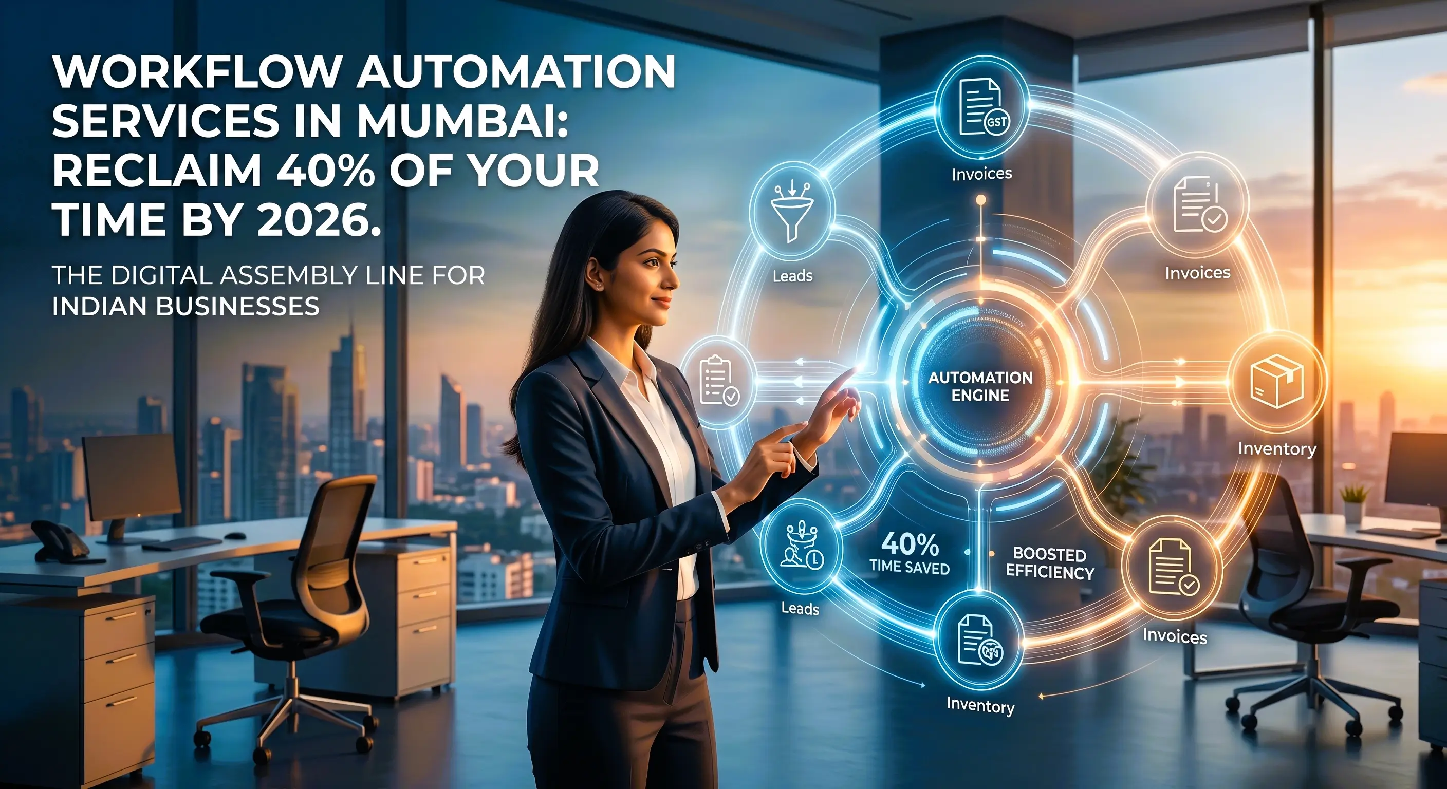 Workflow Automation Services in Mumbai – How Indian Businesses Save 40% Time in 2026 2 A professional Indian businesswoman interacting with a futuristic digital workflow dashboard in a modern corporate office, representing workflow automation services in Mumbai.