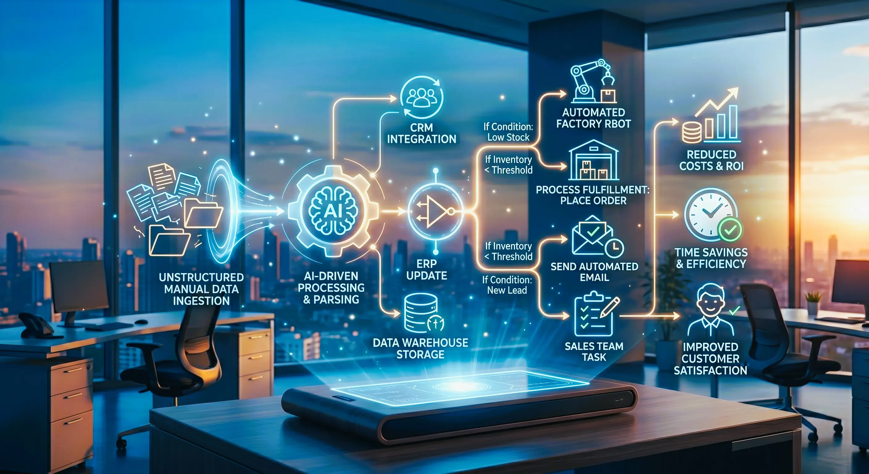 A glowing digital workflow automation diagram showing AI data parsing, CRM integration, and business efficiency outcomes in a modern corporate office, highlighting workflow automation services in Mumbai.